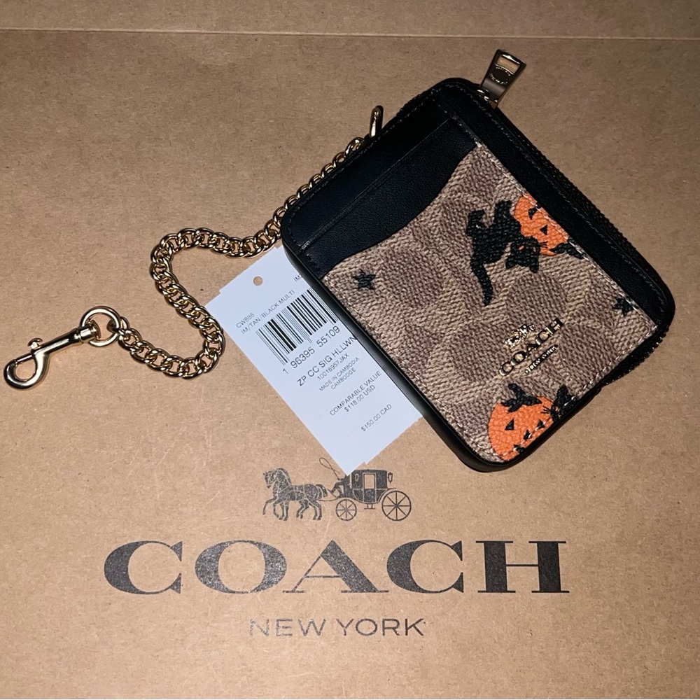 Coach Brown Black Halloween Pumpkin Chain Card Case